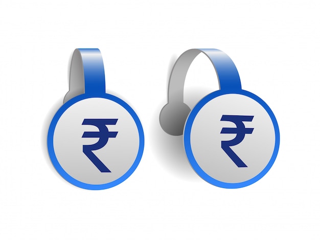 Indian rupee symbol on Blue advertising wobblers.   of currency sign of India on  label. Symbol of monetary unit.  illustration  on white background