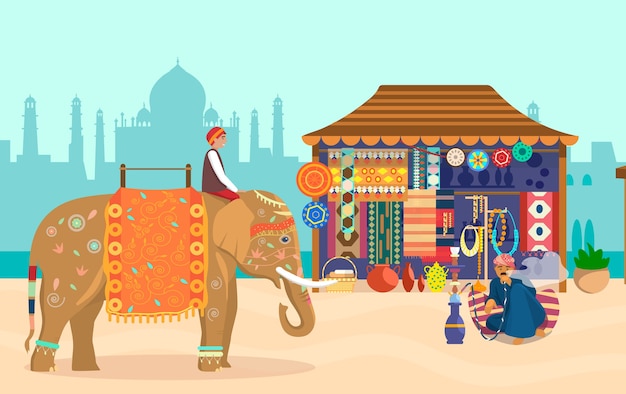 Vector indian scenery with elephant rider souvenir shop pottery carpets fabrics