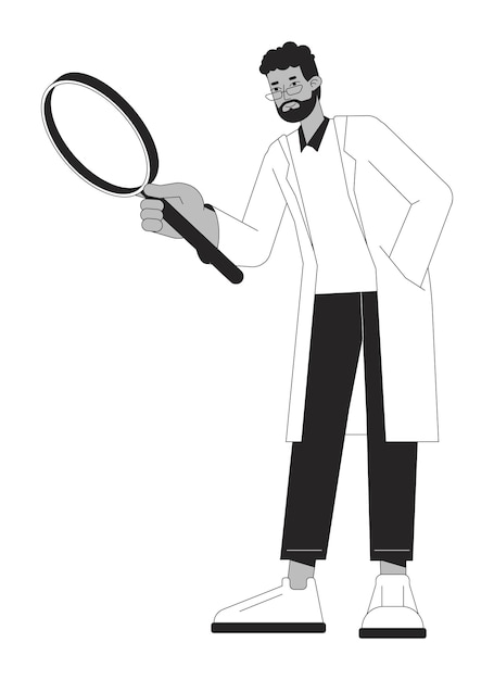 Indian scientist with magnifying glass flat line black white vector character Science research Editable outline full body person Simple cartoon isolated spot illustration for web graphic design