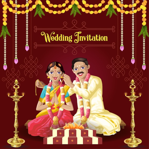 Indian Tamil wedding invitation bride and groom in Traditional tying knot wedding ritual