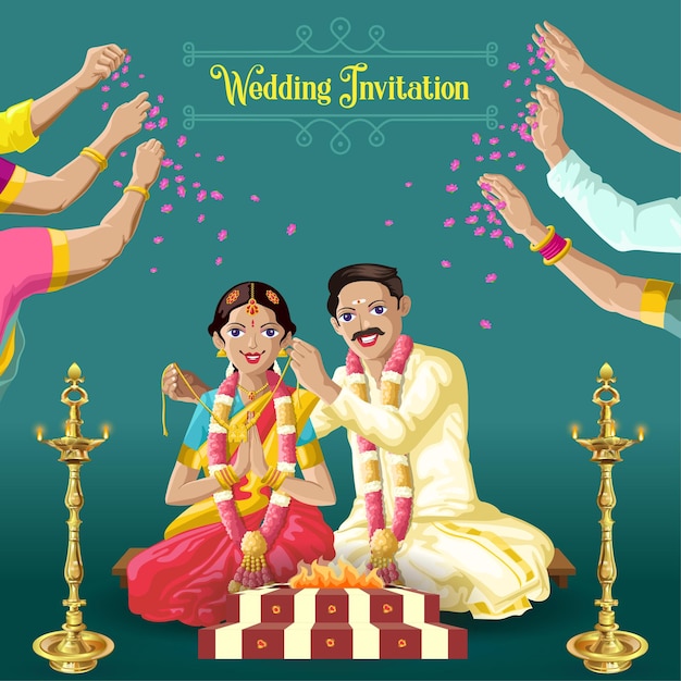 Indian Tamil wedding invitation bride and groom with hands showering flowers and blessings