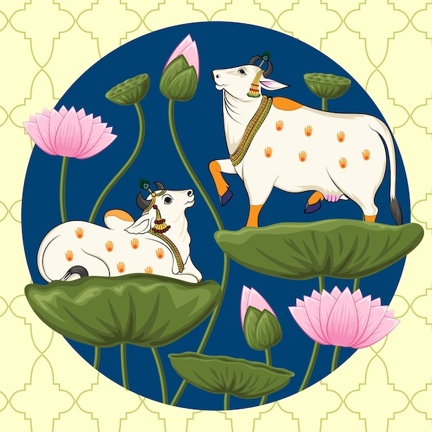 Vector indian traditional painting like cow sitting on lotus leaf