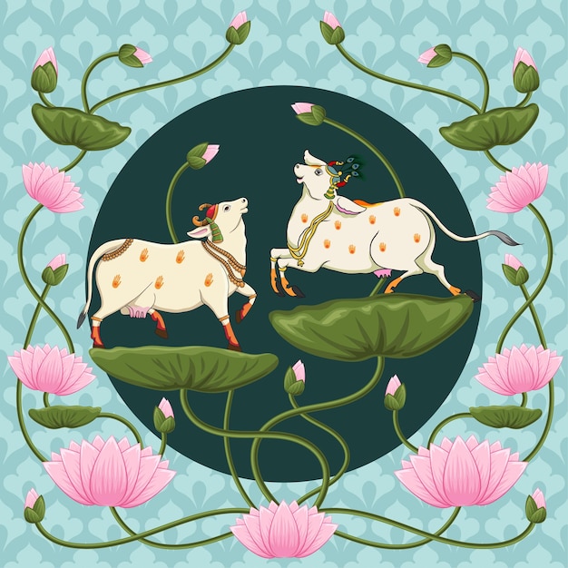 Vector indian traditional rajasthani painting happy cows in front of tree