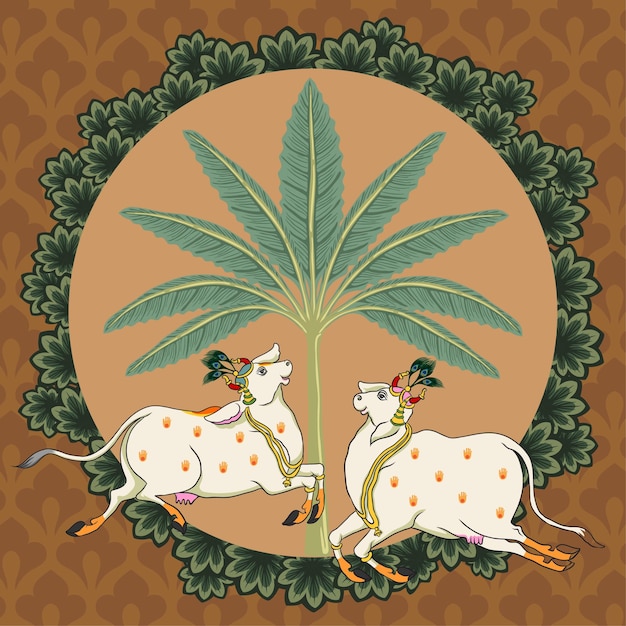 Vector indian traditional rajasthani painting happy cows jumping joyfully in front of tree