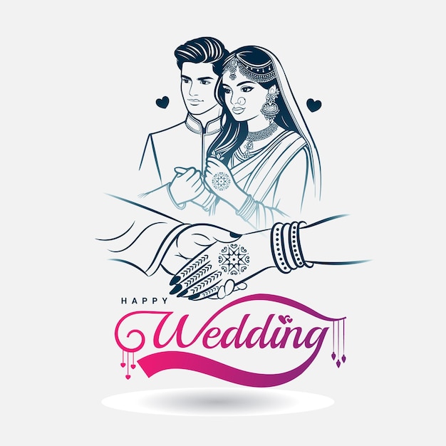 Indian wedding clip art bride and groom illustration with happy wedding invitation typography logo