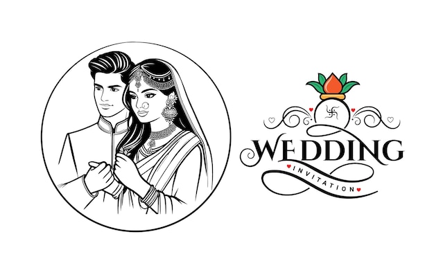 Indian wedding clip art bride and groom illustration with happy wedding invitation typography logo