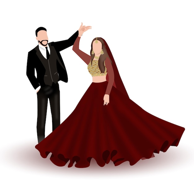 Indian wedding clipart containing bride and groom wearing red colour vivah outfits