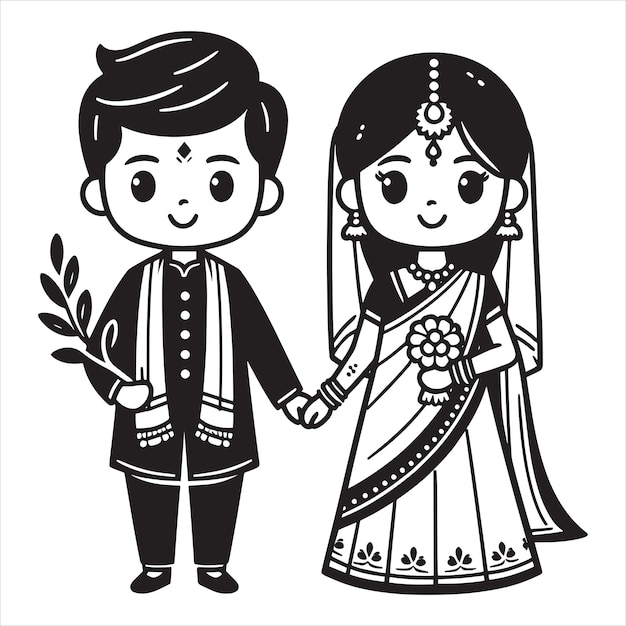 Indian wedding couple Black And White Line art Dulha Dulhan standing wearing silk saree Vector