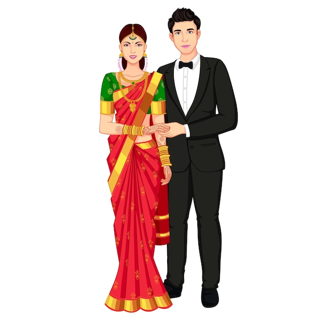 Indian Wedding Couple Standing wearing Saree and lehenga