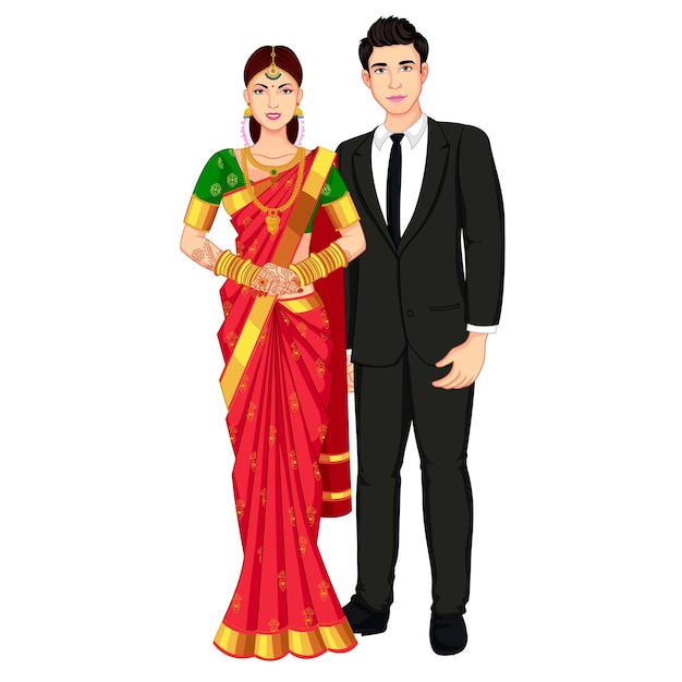 Indian Wedding Couple Standing wearing Silk Saree and Suite