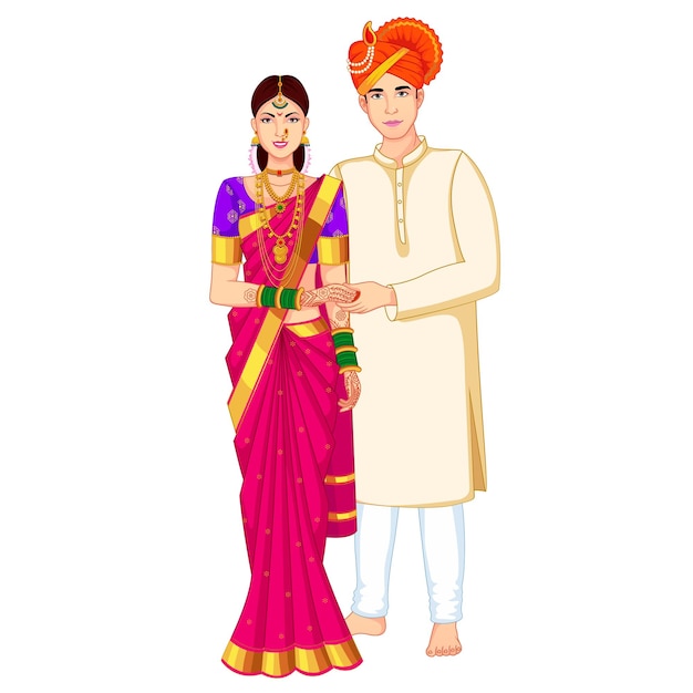 Indian Wedding Couple Standing with Traditional Wear Saree and Kurta