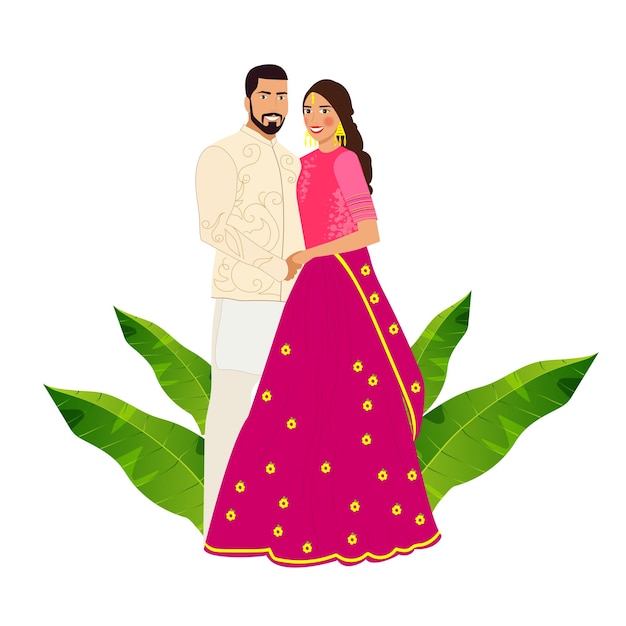 Indian Wedding Couple Together Standing on White Background. Vector design for wedding invitation.