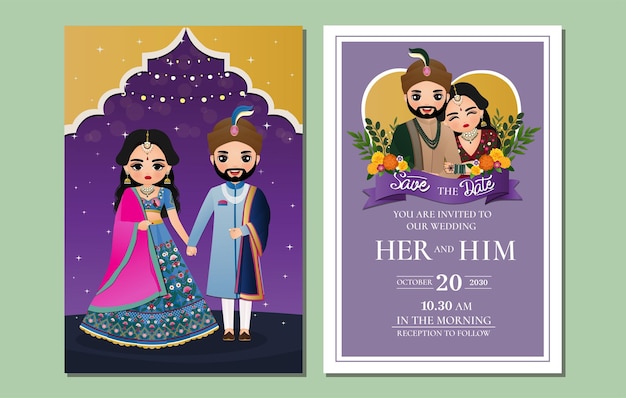 Indian wedding invitation card cute Hindu couple cartoon character in Front and Back View