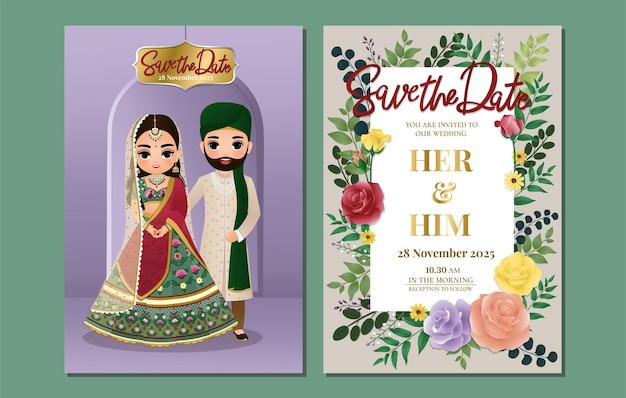 Indian wedding invitation card cute Hindu couple cartoon character in Front and Back View