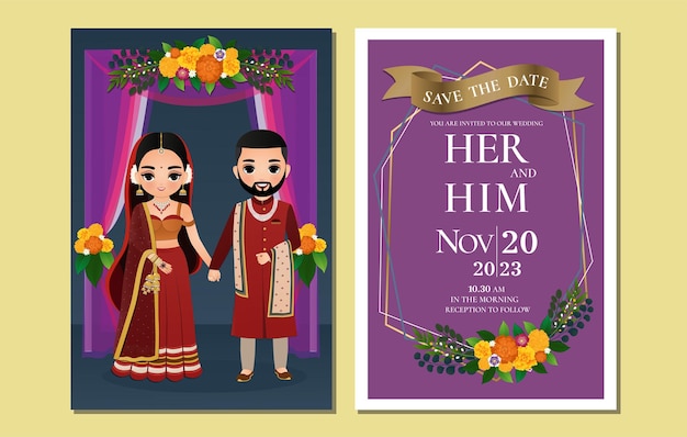 Indian wedding invitation card cute Hindu couple cartoon character in Front and Back View