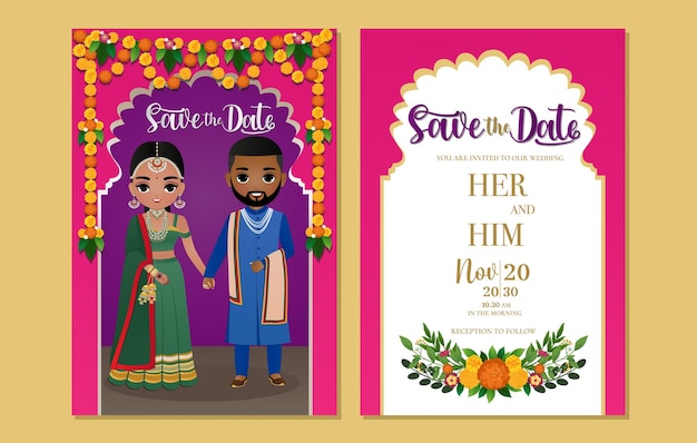 Indian wedding invitation card cute Hindu couple cartoon character in Front and Back View