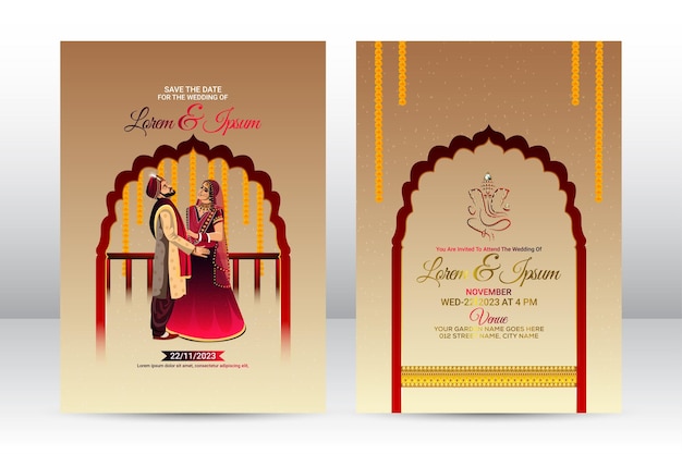 Indian wedding invitation card with vector illustration of indian couple