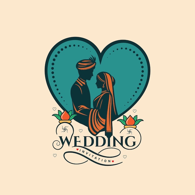 Indian wedding invitation logo with bride and groom illustration