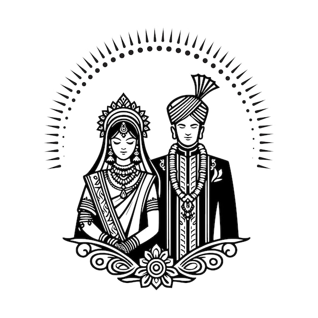 Indian wedding invitation logo with bride and groom illustration