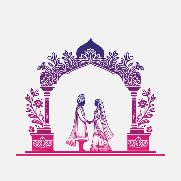 Indian wedding mandap with bride and groom for wedding invitation card