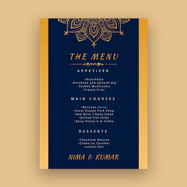 Indian wedding menu template