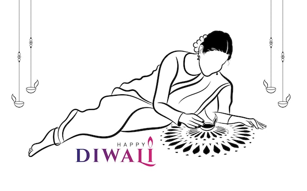 Indian woman celebrate Diwali greeting with hand diya lamp symbol illustration