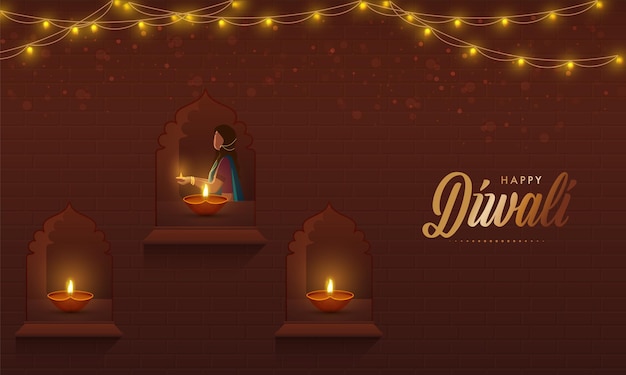 Indian Woman Decorated Windows From Lit Oil Lamps (Diya) And Lighting Garland On Brown Background For Diwali Celebration.