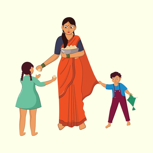 Indian Woman Giving Ladoo Sweet To Kids On Pastel Yellow Background