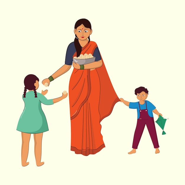 Indian Woman Giving Ladoo Sweet To Kids On Pastel Yellow Background