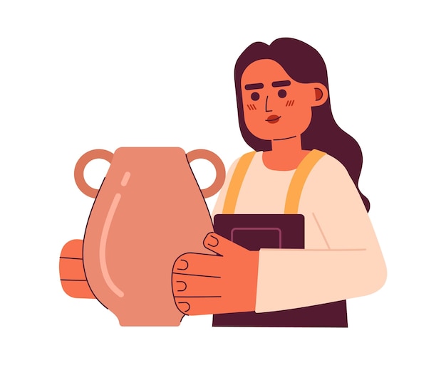 Indian woman holding handmade amphora semi flat color vector character Pottery hobby Editable half body girl in workshop on white Simple cartoon spot illustration for web graphic design