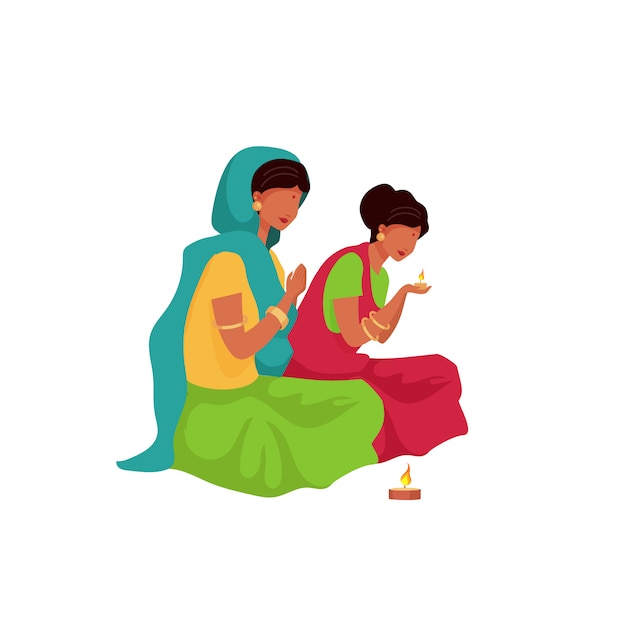 Indian woman praying flat color faceless character