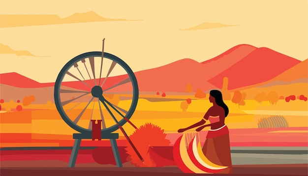 Vector indian woman in traditional clothes with wheel vector illustration in flat style