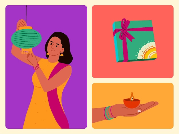 Vector indian women celebrating the diwali festival and traditional elements of vector illustration