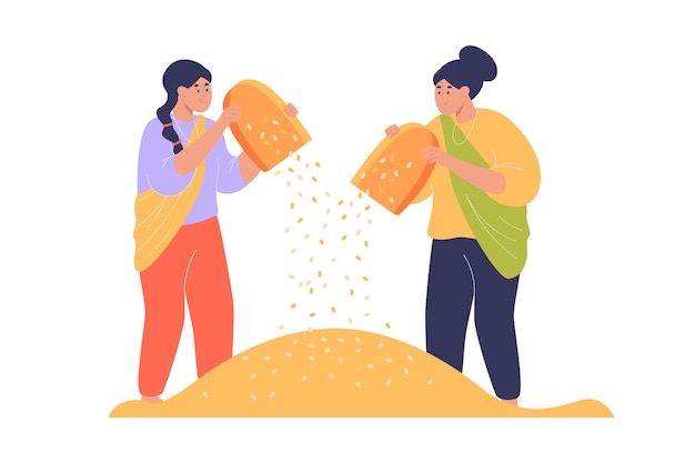 Indian women winnowing rice grains flat vector illustration