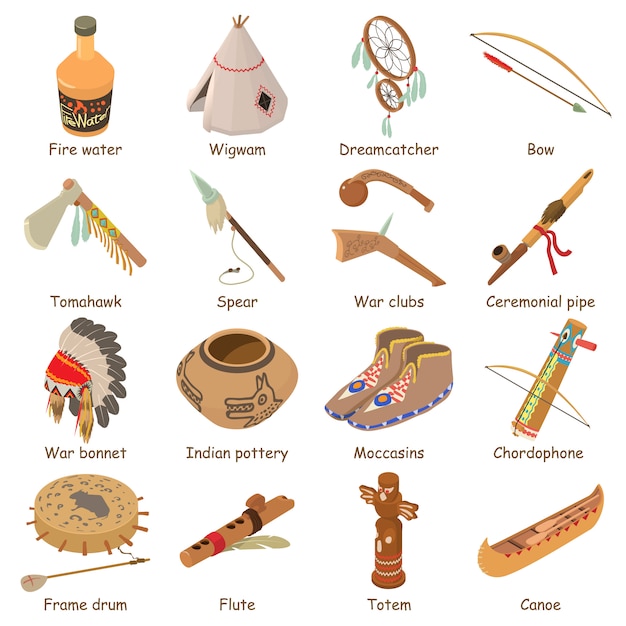 Indians ethnic american icons set. Isometric illustration of 16 indians ethnic american vector icons for web