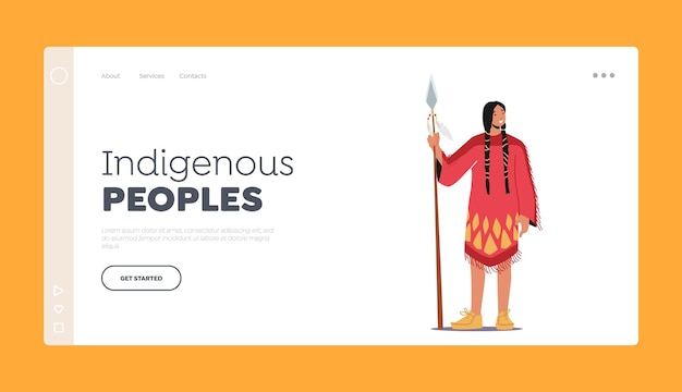 Indigenous People Landing Page Template Indian American Female Character with Spear Native Person in Tribal Dress