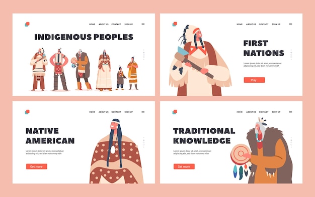 Indigenous People Landing Page Template Set Indian American Characters Warrior Men Women and Children with Shaman