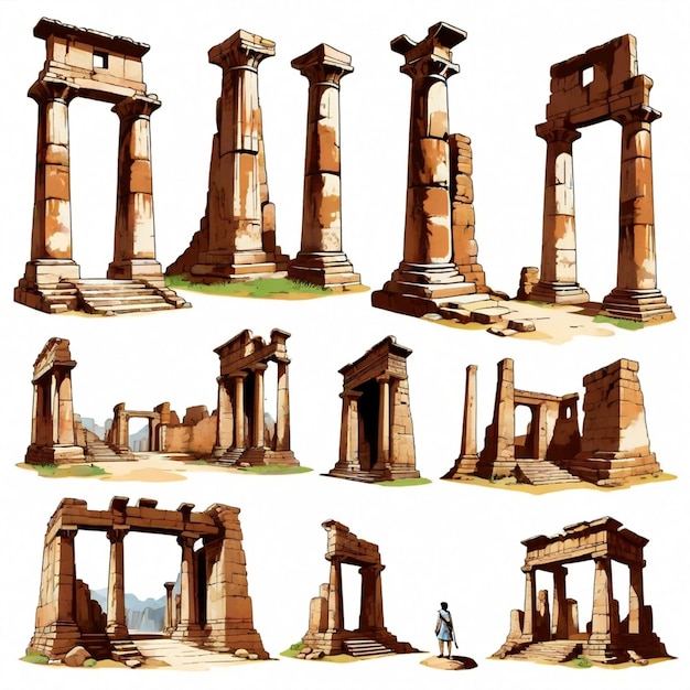 Vector individual wandering through ancient ruins vector set white background isolated a high qua