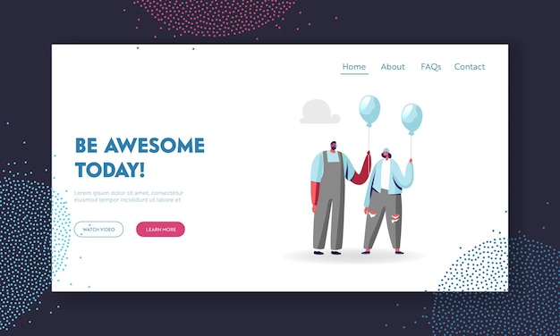 Individuality and Inspiration, Be Unique Landing Page Template. Young Identical Male and Female Characters in Fashioned Clothing Holding Blue Balloons. Creativity. Cartoon People Vector Illustration