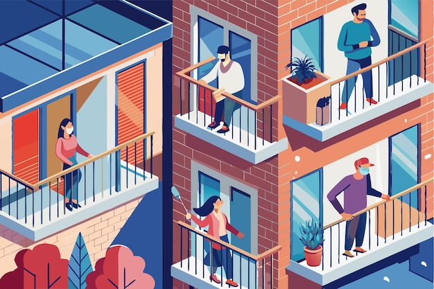 Individuals are seen on balconies and windows wearing masks and enjoying their time while maintaining distance People on balconies or windows during coronavirus Customizable Flat Illustration