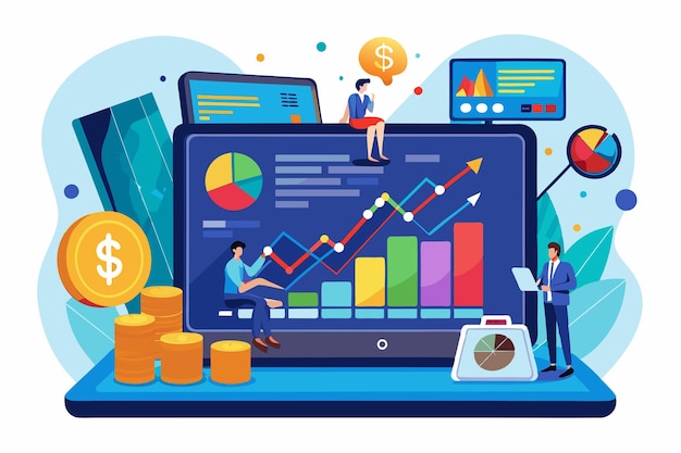 Vector individuals assess trading performance on a tablet with various financial graphs and data visualizations presentation of trading data using a tablet