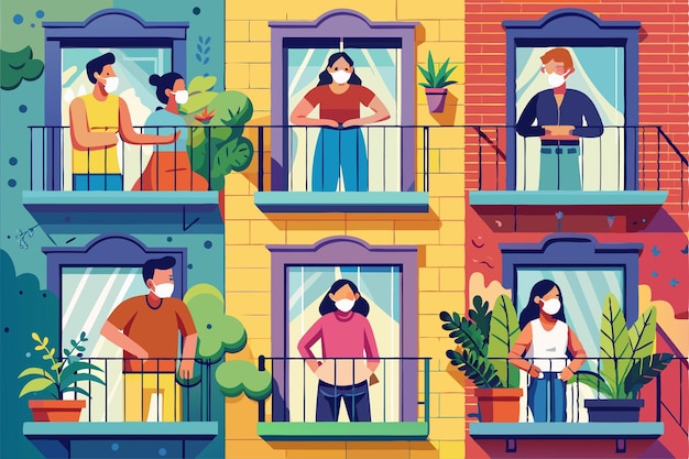 Individuals engage with each other from their balconies maintaining social distance during the pandemic Neighbours on balconies or windows during coronavirus Customizable Flat Illustration