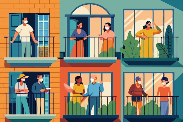 Individuals participate in social activities on balconies during the pandemic showcasing community spirit People on balconies or windows during coronavirus Customizable Flat Illustration