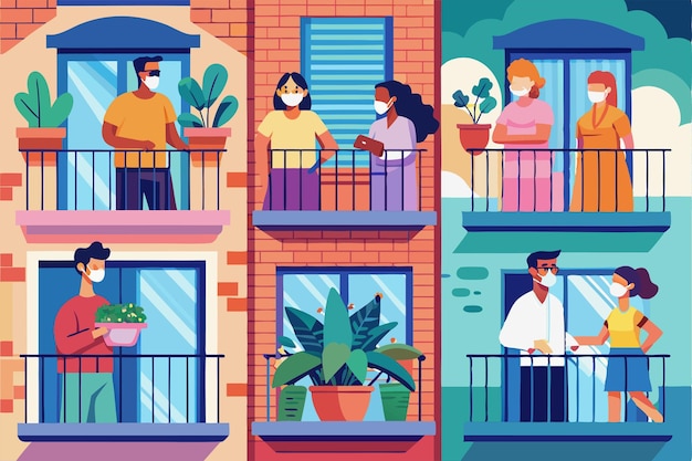 Individuals stand on their balconies wearing masks while engaging with neighbors during a health crisis People on balconies or windows during coronavirus Customizable Flat Illustration