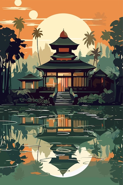 Indonesia Bali small village landscape in the evening Vector flat illustration