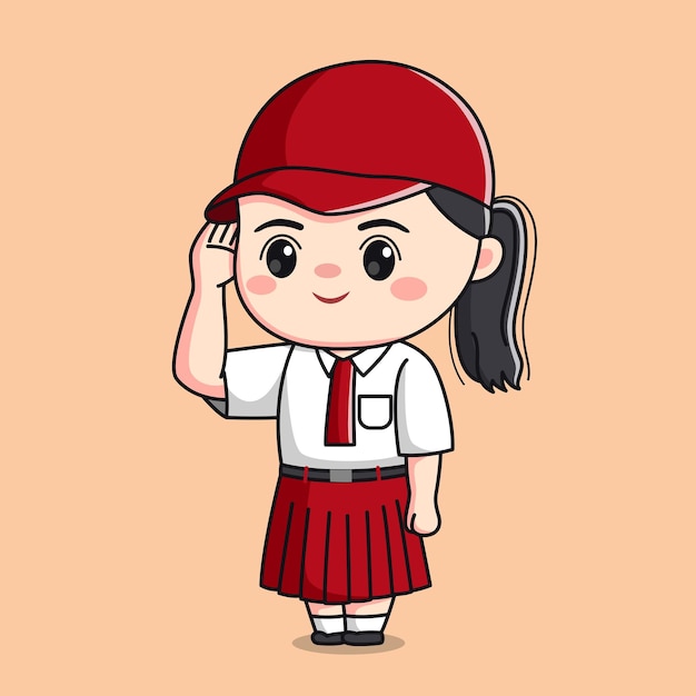 Indonesia elementary school student saluting cute girl chibi kawaii character