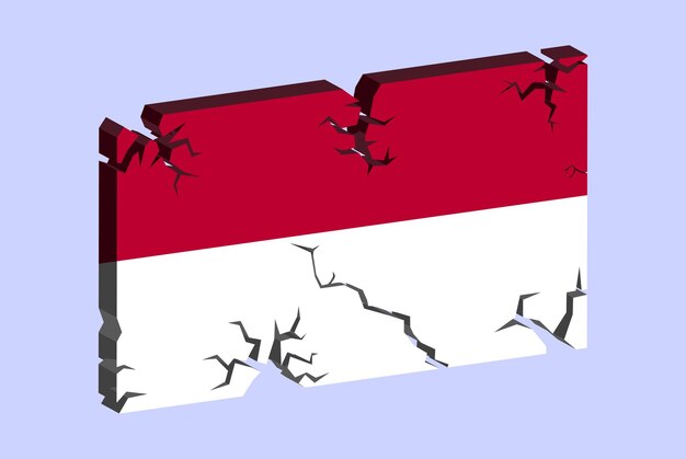 Indonesia flag on 3D cracked wall vector fracture pattern with cracked texture issues concept