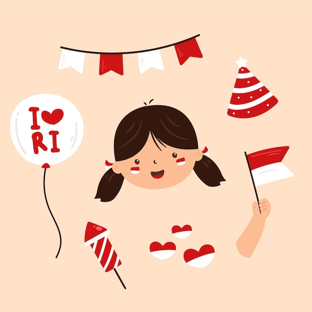 Indonesia Independence Day Cute Vector Illustration Set