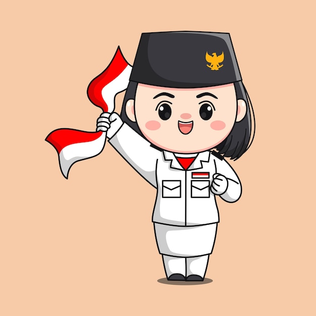 Indonesia independence day flag raiser female character chibi kawaii flat cartoon illustration