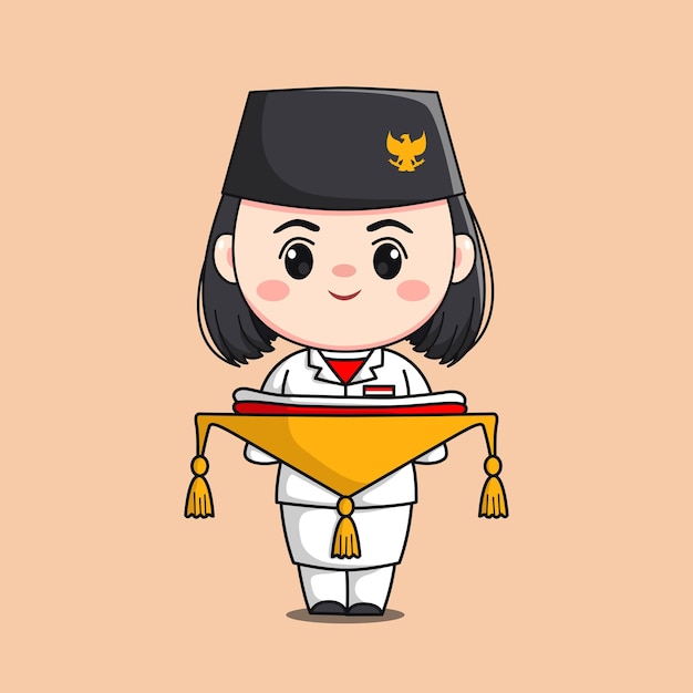 Indonesia independence day flag raiser female character chibi kawaii flat cartoon illustration